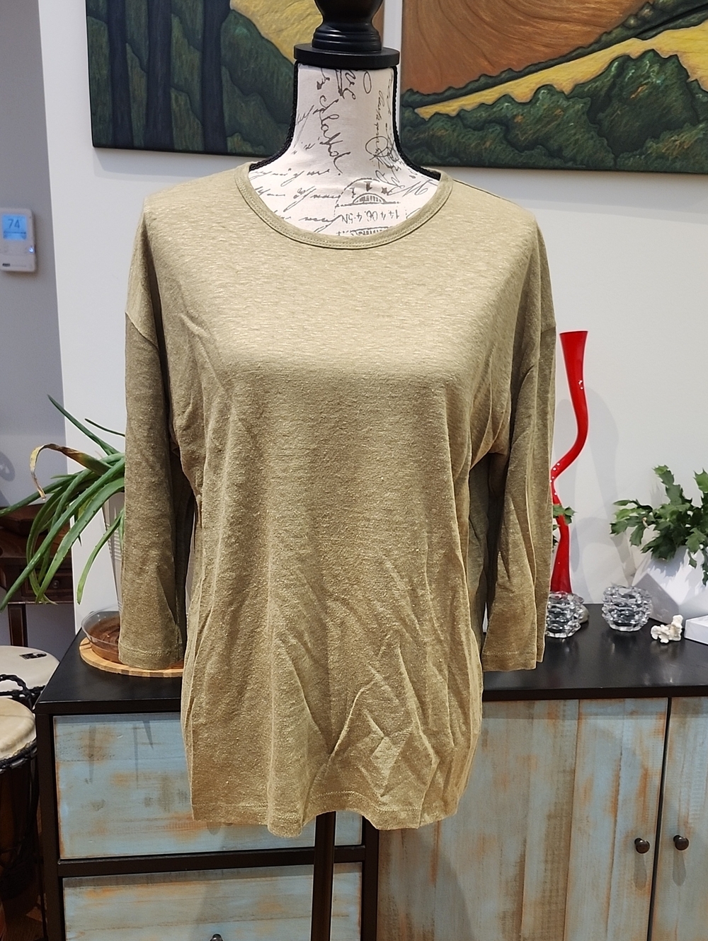 J. Jill 100% Linen Long Sleeve Top Beige Tan Size Medium M Dropped Shoulder